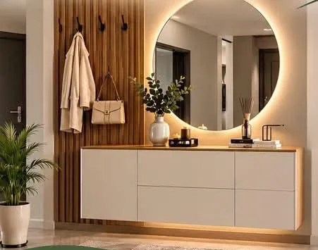 Meuble d'entrée avec claustra bois et miroir rond