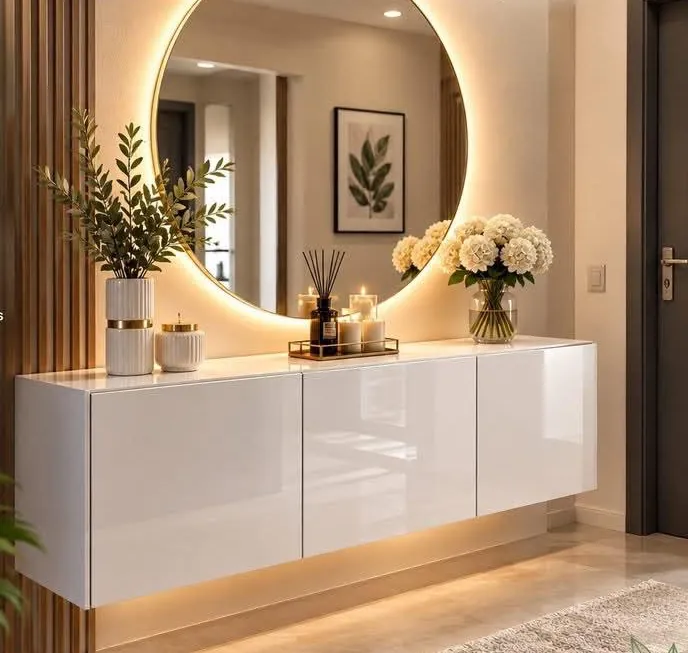 Meuble d'entrée suspendu laqué blanc avec miroir rond
